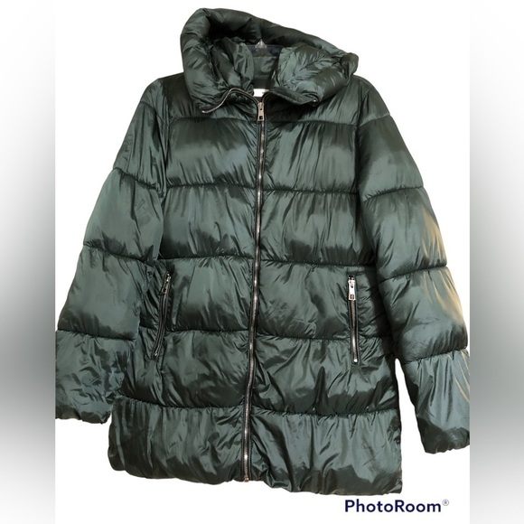 Dark green hooded zip front puffer coat size S - Picture 1 of 11
